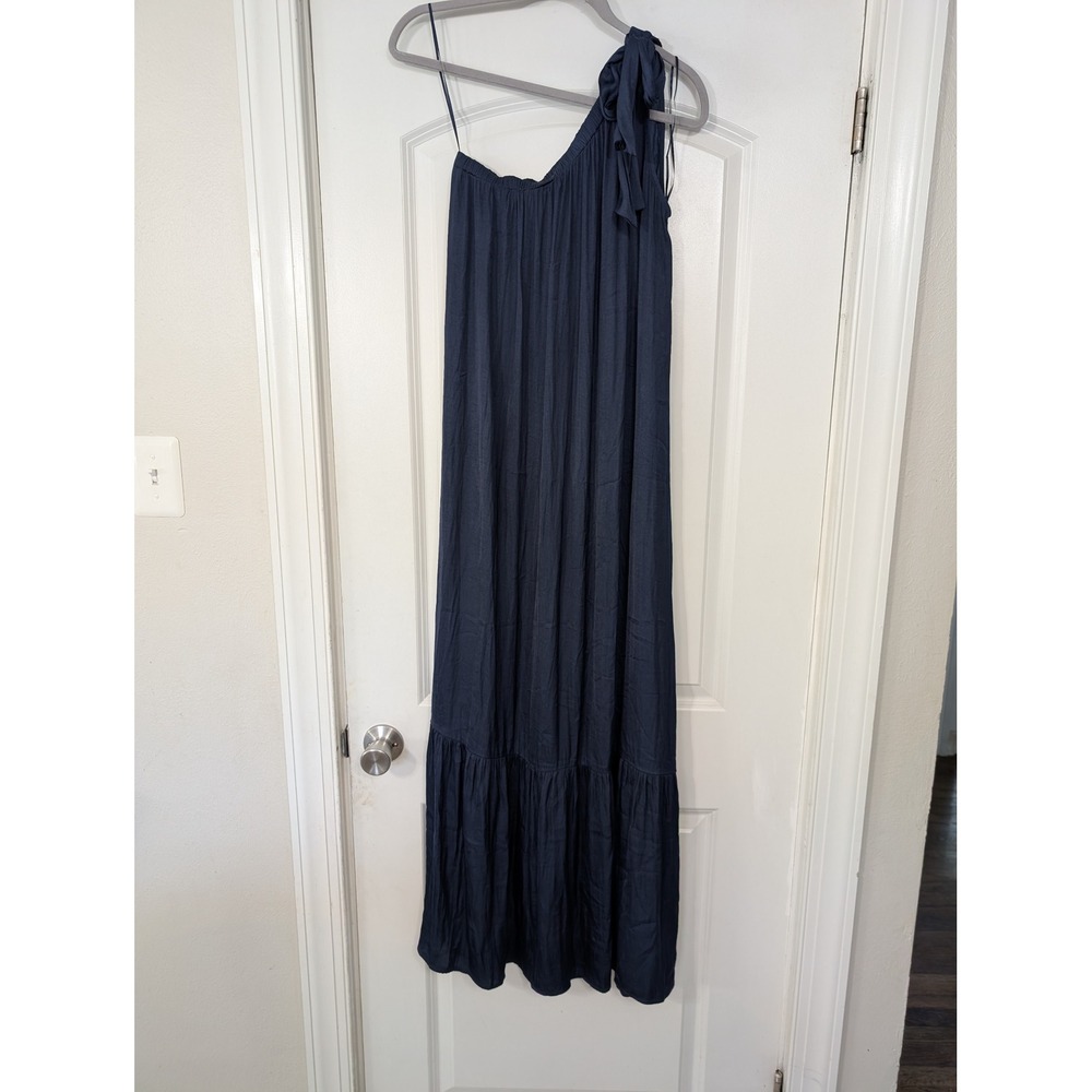 Evereve Hadley One Shoulder Maxi Dress women's small navy blue tiered satin‎ - Picture 4 of 10